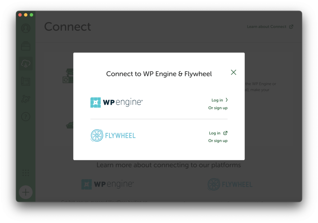 Pop up modal that allows a user to log in to WP Engine or Flywheel.